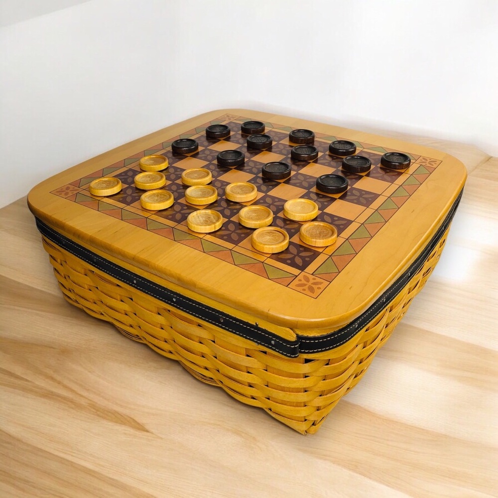 2001 Longaberger Checkerboard Large Woven Basket w/ Checker Chess Set Dad Gift